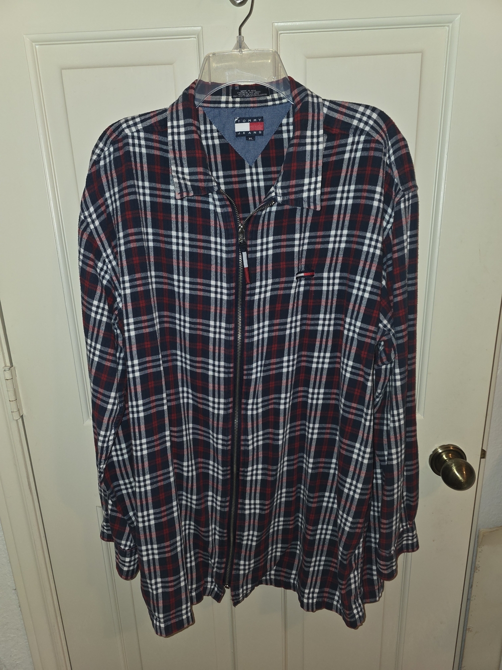 Vintage Tommy Hilfiger Men’s Red & Navy Plaid Zip-Front Shirt